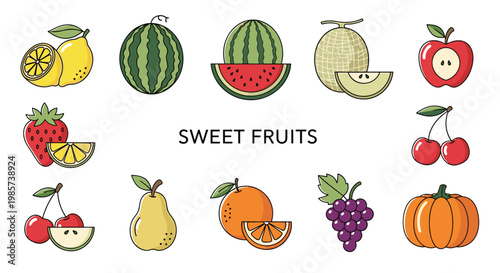 Colorful collection of sweet fruit icons including watermelon, melon, apple, strawberry, grapes, orange, pear, and pumpkin.