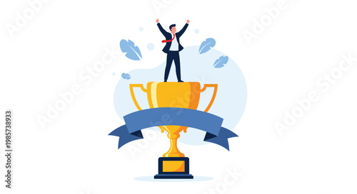 Successful businessman celebrating his victory while standing on top of a large golden trophy cup with his arms raised high.