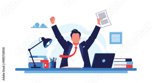 Excited professional male worker sitting at a desk with a laptop and celebrating a successful business deal by raising hands.