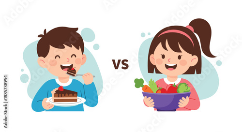 Comparative illustration showing a happy boy eating chocolate cake versus a girl holding a healthy bowl of fresh vegetables.