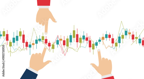 Multiple hands of diverse investors pointing at a fluctuating stock market candlestick chart to analyze financial trends and data.