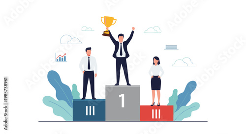 Business team standing on a first second and third place podium with the leader holding a golden trophy cup to celebrate success.