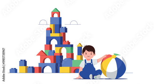Creative young boy sitting on the floor next to a very tall colorful castle built with toy blocks and a large inflatable ball.