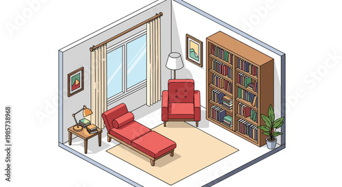 Beautiful isometric illustration of a cozy living room or study featuring a large bookshelf, comfortable chairs, and a window.