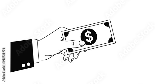 Detailed black and white illustration of a human hand holding a one dollar banknote to represent payment, wealth, or charity.
