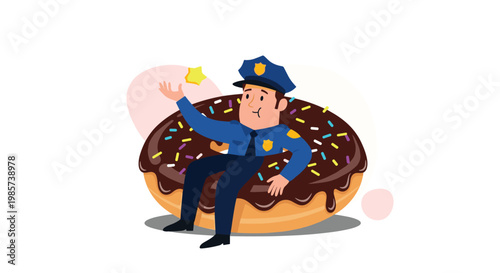Humorous illustration of a friendly policeman sitting comfortably inside a giant chocolate glazed donut with colorful sprinkles.