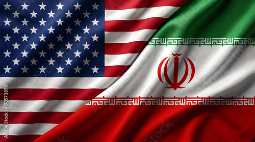 Flags of United States and Iran. war, ceasefire agreement, diplomacy, conflict resolution and global peace meeting concept