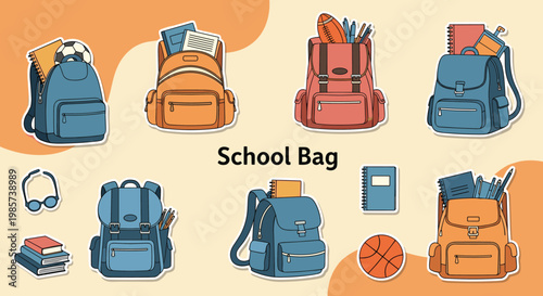 Comprehensive set of various colorful school backpacks filled with books, sports equipment, and stationery for students of all ages.