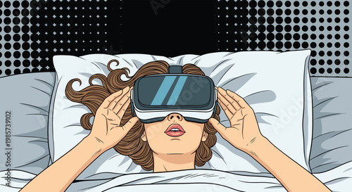Young woman lies in bed under a white blanket while wearing a virtual reality headset and experiencing an immersive digital world.