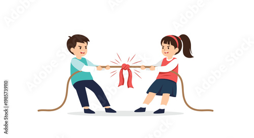 Two angry children engaged in a fierce struggle or tug of war over a thick rope with a red knot tied in the middle as a marker.