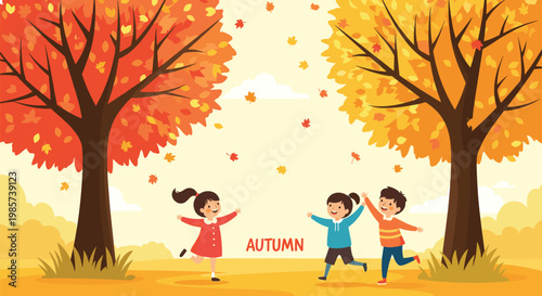 Three happy children running and playing under large colorful trees with falling orange and yellow leaves during the autumn season.