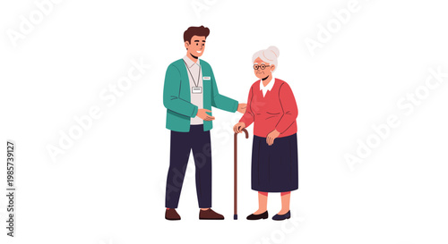 Kind young male social worker or volunteer offering assistance and support to an elderly woman with a walking stick.