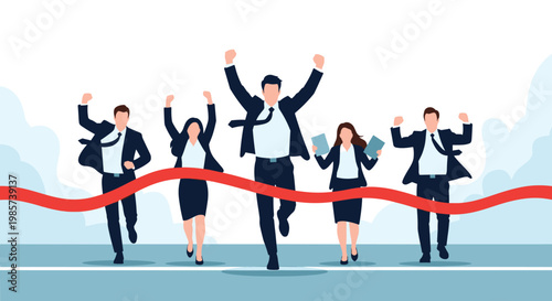 Team of successful business professionals cheering as they cross a red finish line together to celebrate reaching a major goal.