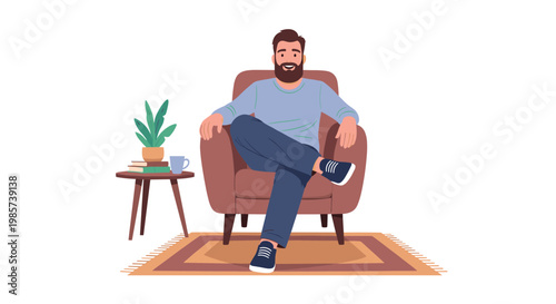 Confident and relaxed bearded man sitting in a comfortable brown armchair in a simple living room setting with a small table.
