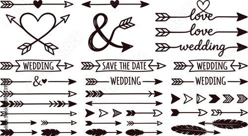 Hand-drawn arrow and heart elements with wedding and love text hand drawn illustration collection