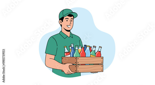 Delivery man wearing green uniform and cap carrying a wooden crate filled with various colorful glass bottles of soda or juice.