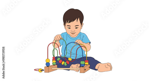 Young child sitting on floor and playing with colorful wooden bead maze toy to develop motor skills and coordination at home or daycare.