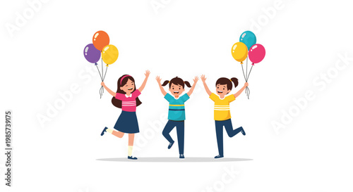 Group of three happy diverse young girls jumping for joy while holding bunches of colorful balloons at a festive party or outdoor celebration.