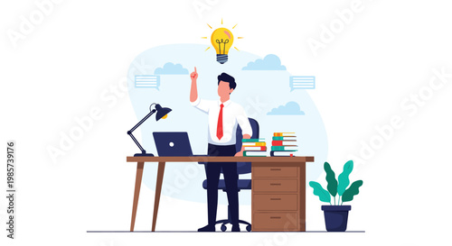 Professional businessman standing at office desk with laptop and books having a creative idea represented by a glowing yellow lightbulb.