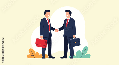 Two professional businessmen in dark suits shaking hands to seal a deal or agreement while holding briefcases in an office setting.