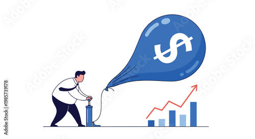 Businessman using a manual pump to inflate a large blue balloon with a dollar sign symbol representing economic inflation or financial growth.