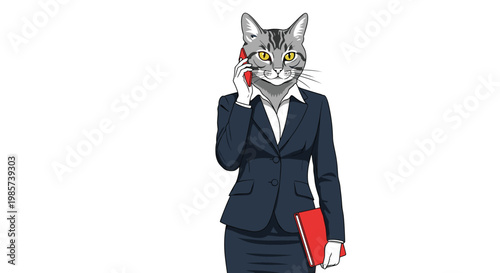 Humorous illustration of a cat character with a human body dressed in a formal business suit talking on a red smartphone and holding a folder.