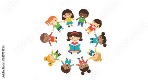 Group of diverse children from different cultures sitting and standing in a circle around a girl reading a blue book in a classroom or library.