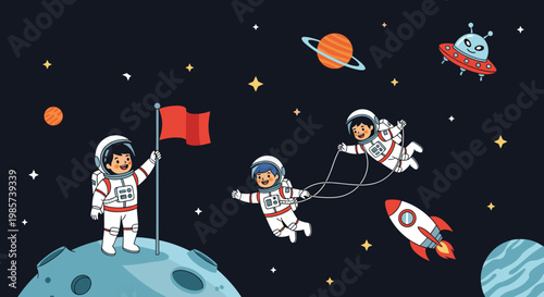 Three cute child astronauts exploring space on the moon surface with a flag, a rocket, and an alien UFO in a starry night background.