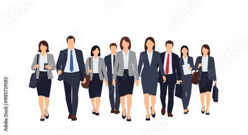 Large group of diverse professional business men and women in suits walking forward confidently together as a unified team or company.