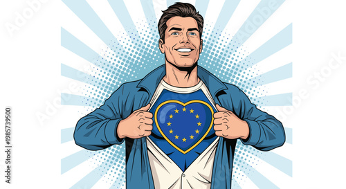 Heroic man pulls back his shirt to reveal a heart shaped European Union flag on his chest against a dynamic blue sunburst background.