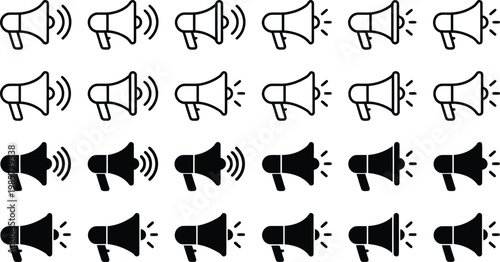 Collection of megaphone icons in various styles for communication and announcement with megaphone