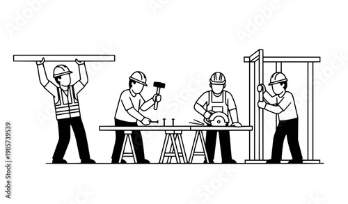 4 construction workers teamwork building vector illustration