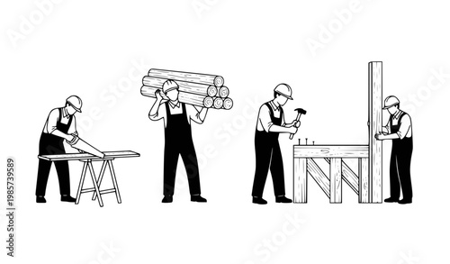 Construction team of 4 workers building vector illustration