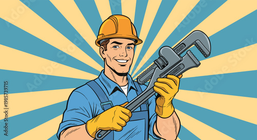 Smiling male plumber wearing a yellow hard hat and blue overalls holds a large gray pipe wrench in front of a sunburst background.