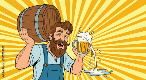 Happy bearded man in overalls carries a wooden beer barrel while holding a foaming mug during a joyful celebration of traditional festival.