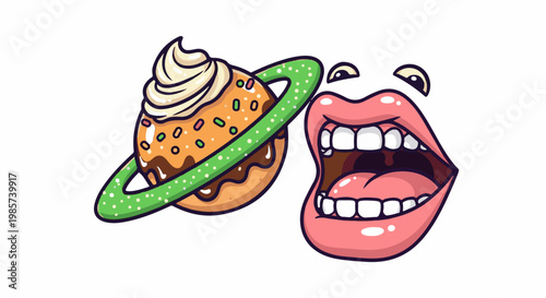 A whimsical planet-like pastry with a swirling green ring and open mouth