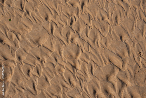 Natural wet sand texture with ripple patterns after low tide. Abstract sandy beach background.