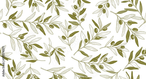 Olive branch pattern, green leaves, seamless design, botanical vector
