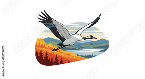 A white crane soars over a vibrant autumn landscape with mountains and a lake