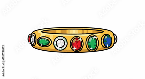 A thick gold band ring with various colorful oval gemstones embedded