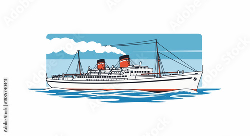 A white passenger liner with two funnels sails on blue water under a blue sky