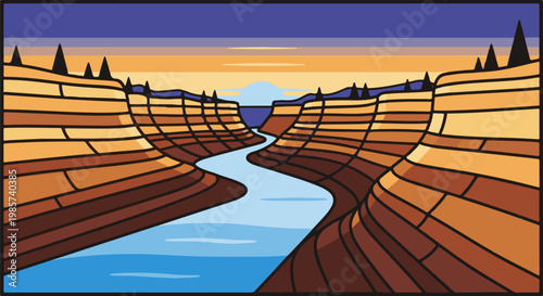 A stylized, pixelated view of a river carving through a grand canyon at sunset