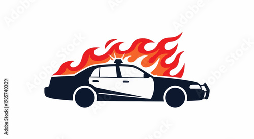 A stylized police car engulfed in bright orange and red flames on a white background