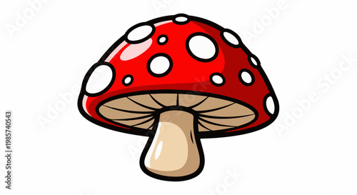 A vibrant red mushroom with white spots and a tan stem