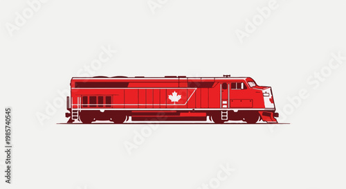 A stylized red train engine with a white maple leaf emblem