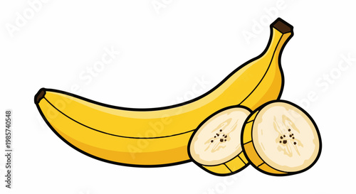A whole yellow banana next to two sliced pieces of banana