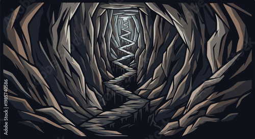 A winding path descends through a dark, jagged cavern