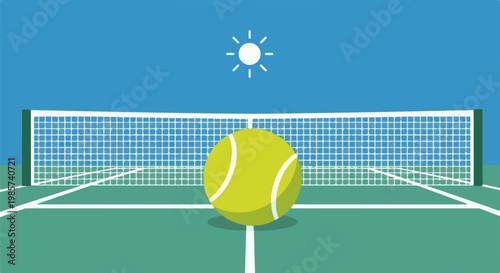 A stylized tennis court with a ball in the foreground, net, and sun