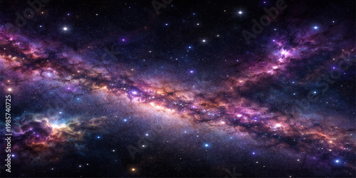 A deep blue abstract nebula glows within a dark starry universe, featuring a bright galaxy starfield and celestial light across the vast outer cosmos