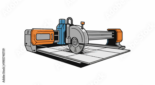 A tile saw with a spinning blade cuts through flat tiles